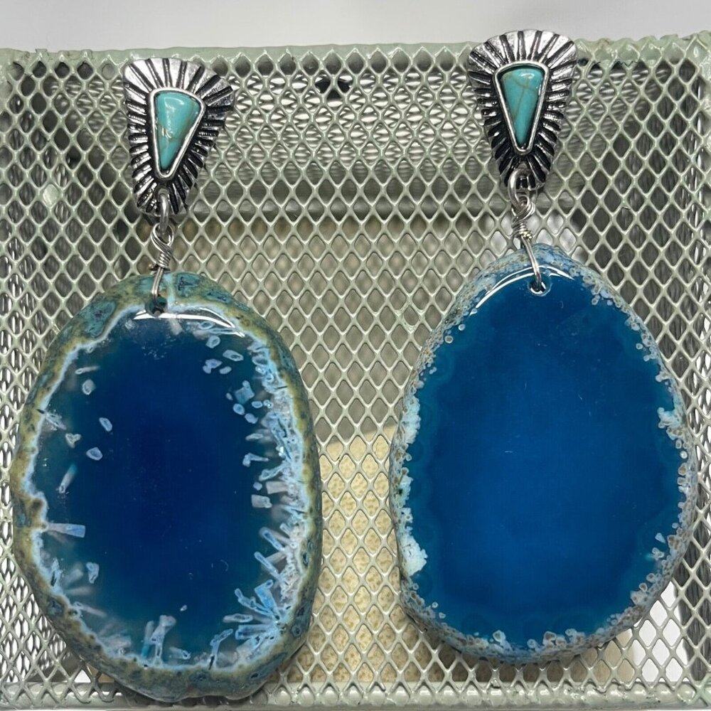 Geode Earrings Large Blue Agate Natural Boho Hippie